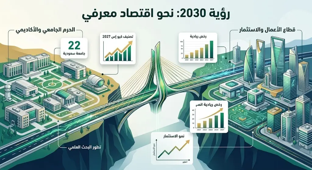 إنفوجرافيك إبداعي يصور جسراً يربط بين البيئة الأكاديمية وقطاع الأعمال، مع إبراز إحصائيات الجامعات السعودية ونمو الرخص التجارية.