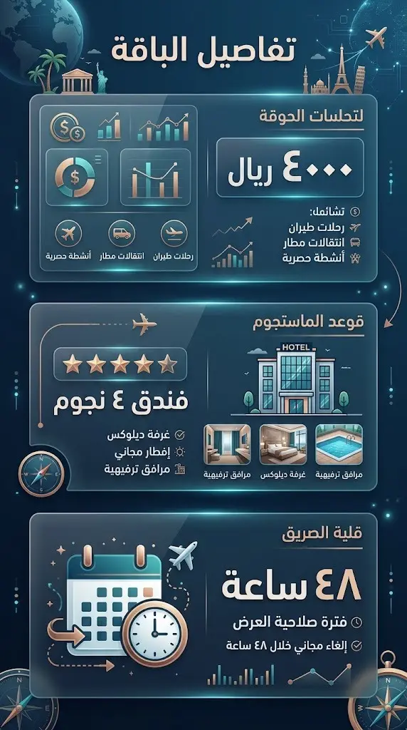تصميم بياني يستعرض التكلفة المالية والحد الأدنى لمتطلبات الإقامة الفندقية الخاصة بتأشيرة الباقات.