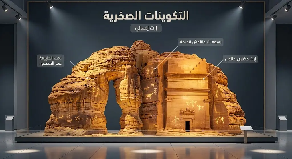 تصميم إبداعي يدمج جمال التكوينات الصخرية في العلا ونجران مع شواهد الإرث الإنساني والتاريخي.