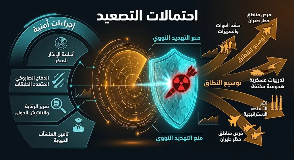 تصميم مفاهيمي يعبر عن احتمالات التصعيد العسكري والإجراءات الأمنية للتعامل مع التهديدات الإقليمية.