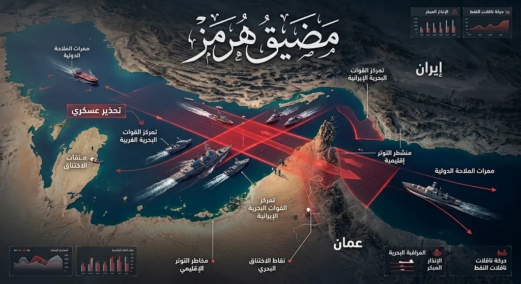 خريطة ثلاثية الأبعاد لمضيق هرمز توضح بؤر التوتر والانتشار العسكري وتوجه رسائل تحذيرية لدول المنطقة.