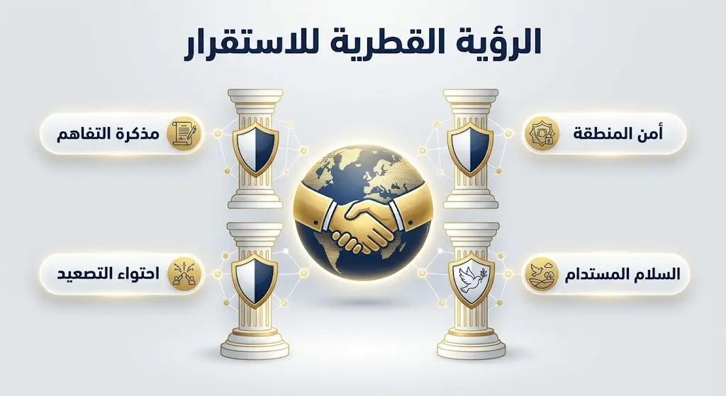 تصميم إنفوجرافيك يستعرض ركائز الرؤية القطرية للدبلوماسية وحفظ الأمن في المنطقة عبر 4 مسارات رئيسية.