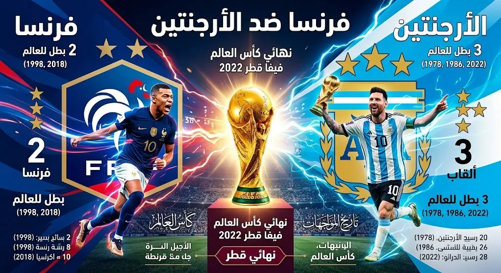 تصميم بصري يجسد التنافس التاريخي في كرة القدم بين منتخبي فرنسا والأرجنتين مع إشارة لنهائي كأس العالم في قطر