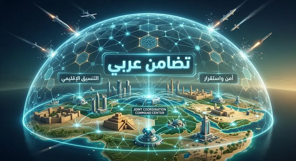 تصميم ثلاثي الأبعاد مبتكر يعبر عن التضامن الإقليمي والتنسيق الأمني بين الدول العربية عبر شبكة دفاعية مضيئة تمثل درعاً واقياً للمنطقة.