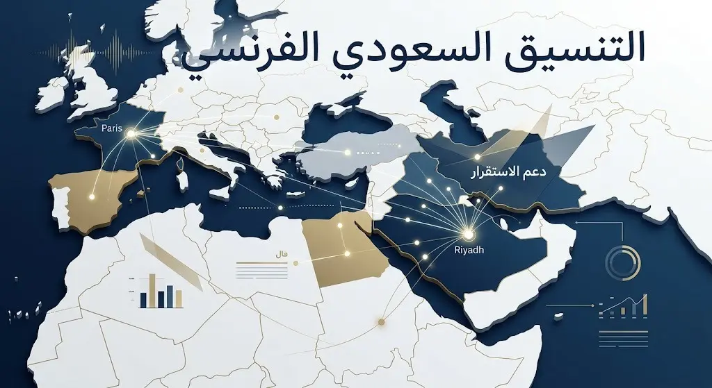 تصميم إنفوجرافيك يبرز التنسيق الدبلوماسي السعودي الفرنسي لتعزيز استقرار منطقة الشرق الأوسط.