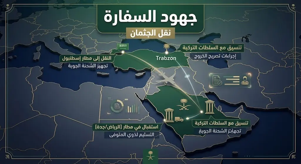 إنفوجرافيك يوضح مسار التنسيق الدبلوماسي بين السفارة السعودية والسلطات التركية لنقل جثمان المواطن المتوفى من طرابزون إلى المملكة.