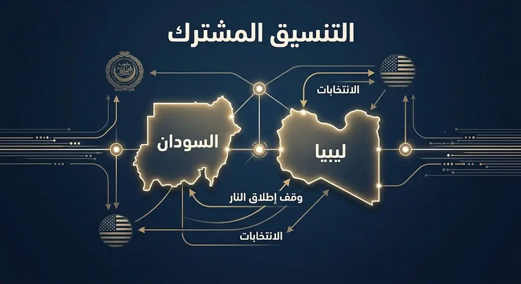 إنفوجرافيك تعبيري يوضح التنسيق الدبلوماسي المشترك بين جامعة الدول العربية والولايات المتحدة لدعم الاستقرار ووقف إطلاق النار في السودان ودعم المسار السياسي في ليبيا.