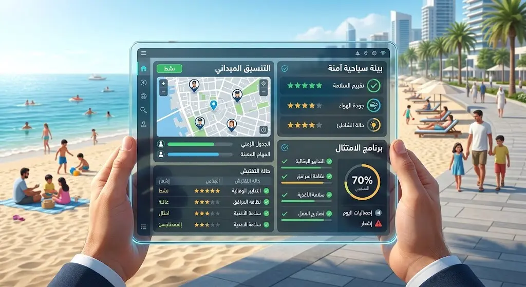 مشهد تعبيري يعرض لوحة بيانات ذكية تستخدم لمتابعة الامتثال والملاحظات الميدانية في واجهات جدة البحرية المفتوحة والمهيأة للسياح.