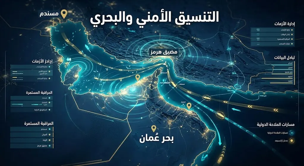 خريطة استراتيجية رقمية توضح التنسيق الأمني والبحري لحماية الملاحة في مضيق هرمز وبحر عُمان.