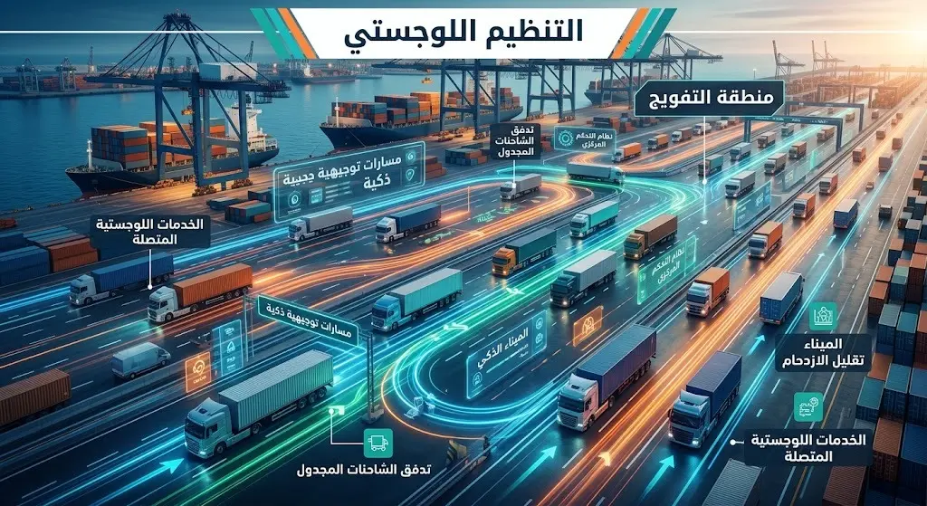 تصميم احترافي يوضح انسيابية حركة الشاحنات في منطقة التفويج الذكية بميناء جدة الإسلامي لمعالجة الاختناقات المرورية