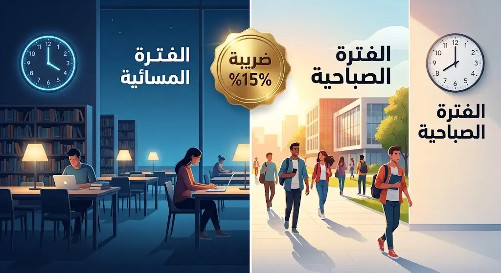 تصميم مقارنة بصري يبرز الفترتين الصباحية والمسائية للمحاضرات مع إشارة لضريبة القيمة المضافة.