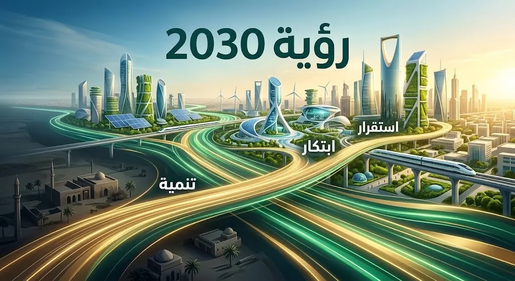تصميم بصري مستقبلي مشرق يعبر عن رؤية السعودية 2030، يدمج بين التطور العمراني المستدام والابتكار، مع نصوص عربية تبرز أهمية التنمية كبديل للصراعات وطريق لتحقيق الاستقرار.