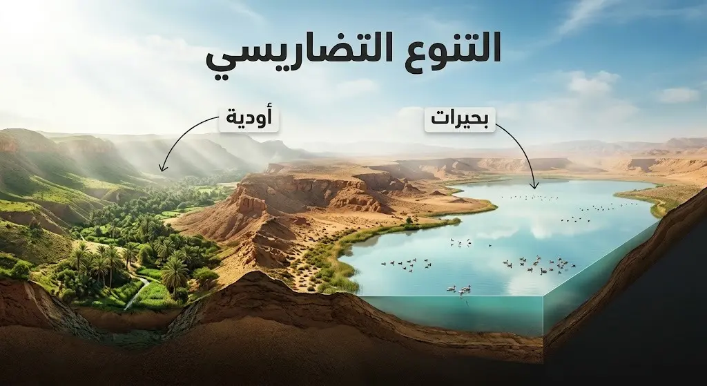 تصميم بصري يوضح التنوع التضاريسي للمحمية من أودية نباتية ومسطحات مائية تشكل بيئة مثالية للطيور المهاجرة.
