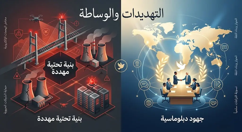 رسم تعبيري يبرز التباين بين التهديدات العسكرية التي تستهدف البنية التحتية وجهود الوساطة الإقليمية للتهدئة