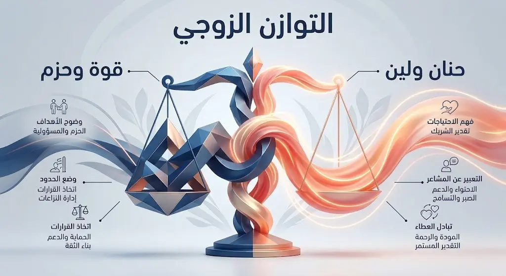 إنفوجرافيك تعبيري يوضح التوازن الدقيق بين القوة والحزم من جهة، واللين والحنان من جهة أخرى في العلاقة الزوجية.