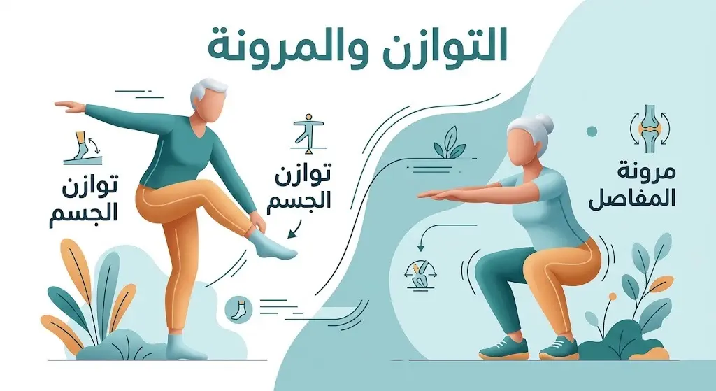 إنفوجرافيك يوضح حركات التوازن والمرونة مثل الوقوف على قدم واحدة والجلوس في وضع القرفصاء كعلامات على صحة الشيخوخة
