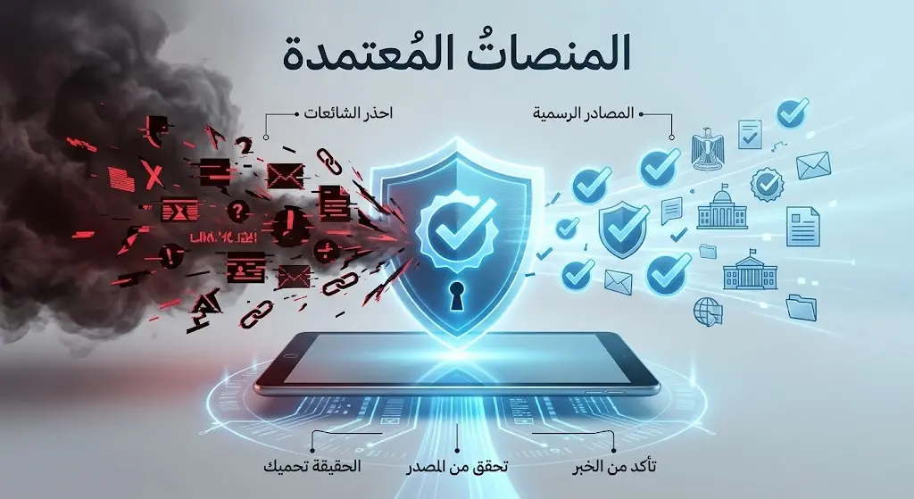 تصميم مرئي يبرز دور المنصات الرسمية كدرع واقٍ ضد الشائعات والمعلومات المضللة.