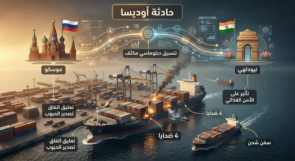 تصميم يجسد حادثة استهداف ميناء أوديسا وتأثيرها على البحارة الهنود وسط تواصل دبلوماسي روسي-هندي لتوضيح طبيعة الأهداف.