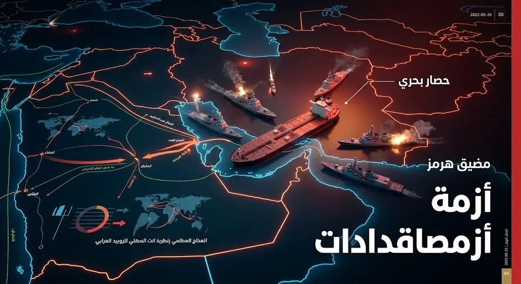 تصميم تعبيري ثلاثي الأبعاد يجسد خريطة لمضيق هرمز مع سفن حربية وناقلات نفط، في إشارة إلى الحصار البحري ومخاوف الإمدادات.