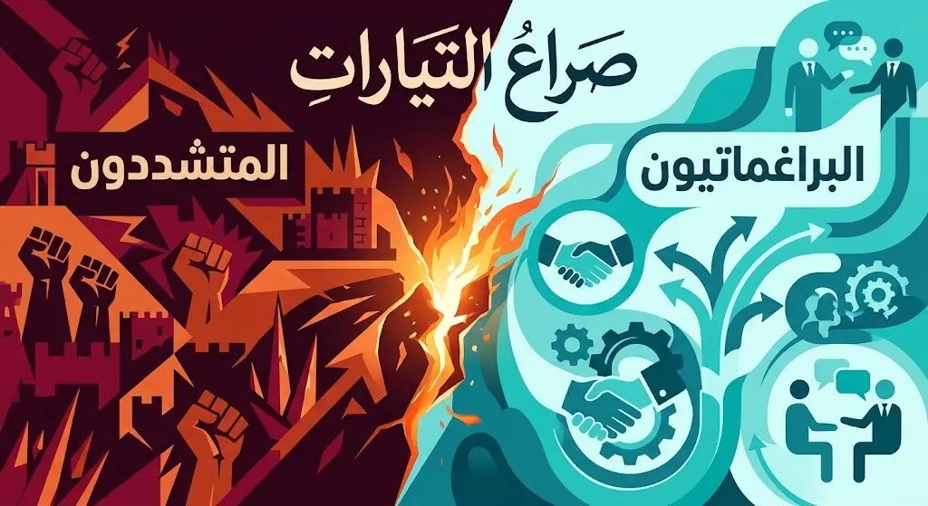 إنفوجرافيك تعبيري يجسد الانقسام الداخلي بين التيارات السياسية الإيرانية وتأثيره على اندلاع الصراع.