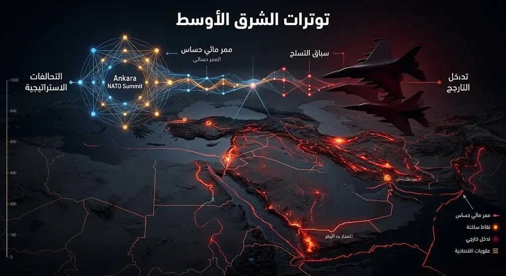 تصميم تعبيري لخريطة الشرق الأوسط يوضح مناطق التوتر الجيوسياسي وتأثير التحالفات الإقليمية.