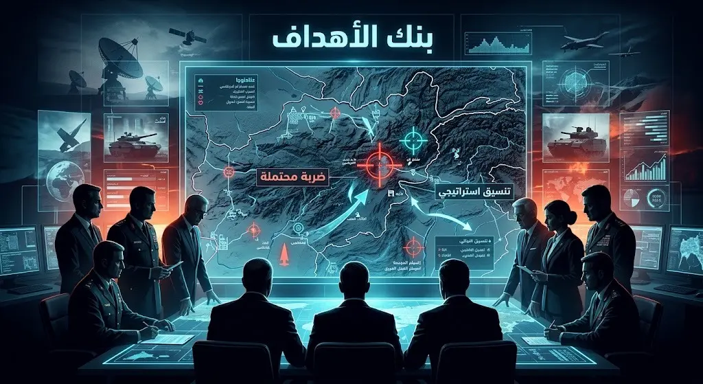 تصميم تعبيري لخريطة استراتيجية تظهر أهدافاً عسكرية محتملة ومؤشرات للتنسيق المشترك للتعامل مع المنشآت المحصنة.