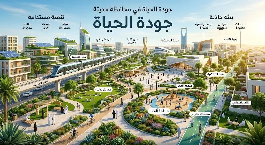 مشهد تعبيري حضري يدمج بين المساحات الخضراء والخدمات البلدية المطورة ليعكس تحسن جودة الحياة