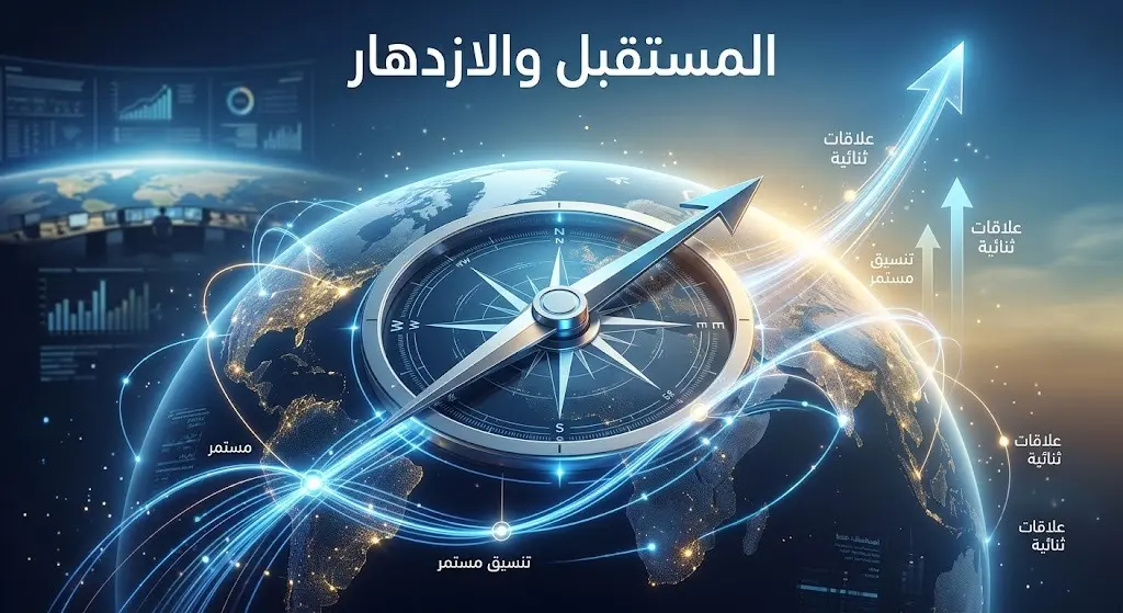 تصميم بياني مستقبلي يوضح مسار العلاقات الثنائية والنمو عبر شبكة اتصالات عالمية مضيئة تتضمن كلمات عربية متصلة مثل 'المستقبل والازدهار'.