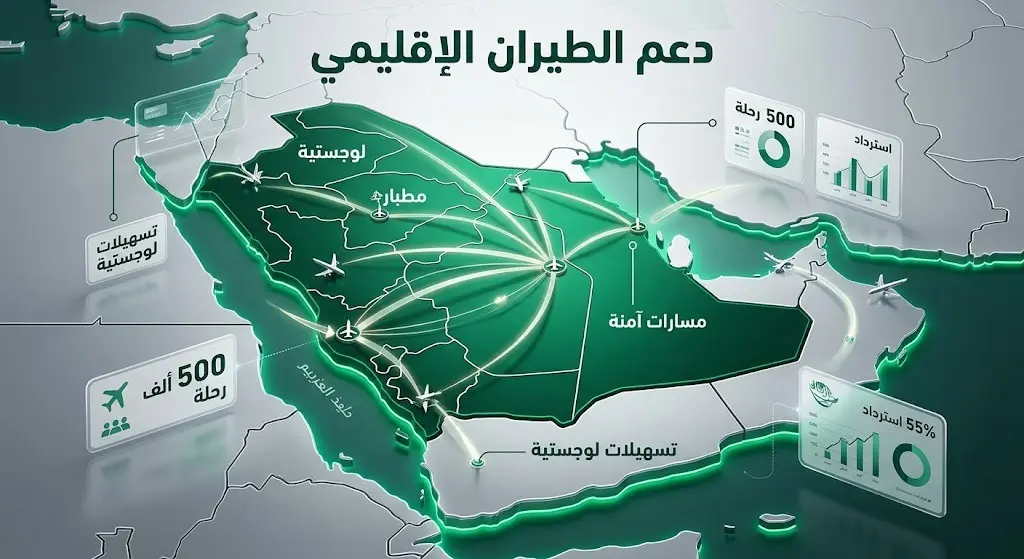 تصميم مرئي يبرز دور المملكة العربية السعودية في دعم قطاع الطيران الإقليمي وتوفير مسارات جوية آمنة ومطارات بديلة خلال الأزمة.