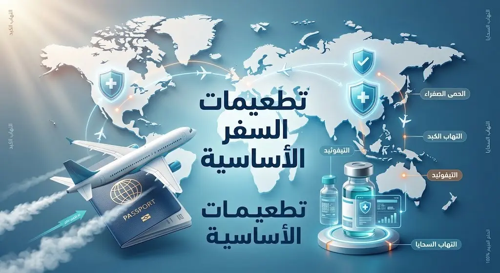 إنفوجرافيك يوضح خريطة العالم مع أيقونات طبية تمثل لقاحات السفر الأساسية مثل الحمى الصفراء والتهاب الكبد التي توفرها عيادات السفر في السعودية.