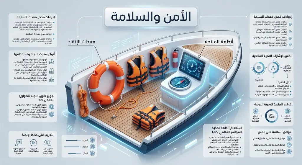 إنفوجرافيك ثلاثي الأبعاد يستعرض أدوات الأمن والسلامة البحرية كأطواق النجاة وأنظمة الملاحة مع تصنيفات نصية واضحة.