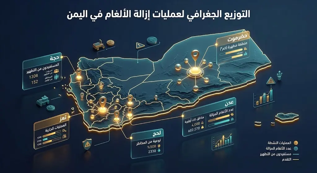 خريطة جغرافية ثلاثية الأبعاد ومضيئة تستعرض توزع عمليات نزع الألغام في المحافظات اليمنية مثل حضرموت وعدن وحجة وتعز ولحج والضالع.