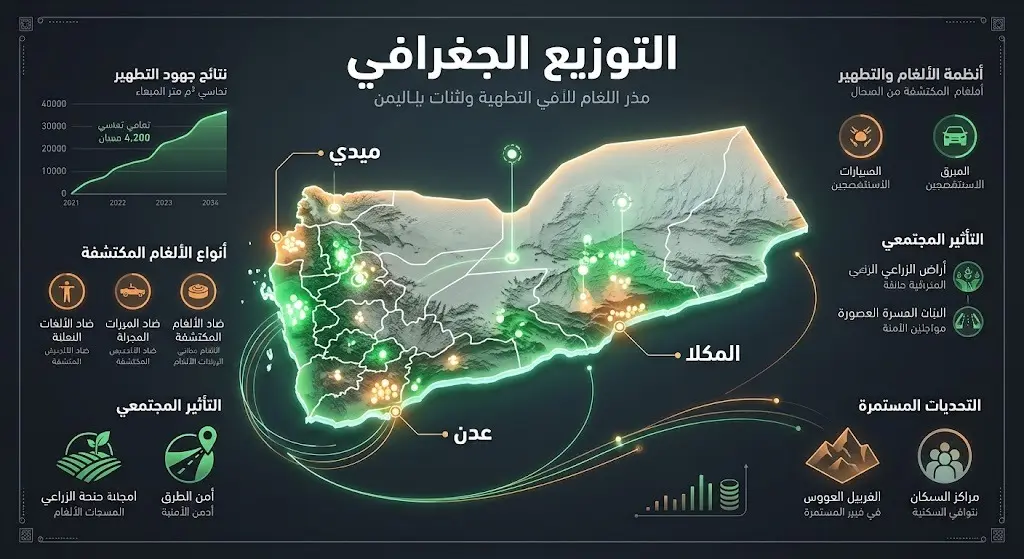 إنفوجرافيك يوضح التوزيع الجغرافي لعمليات نزع الألغام في اليمن، مبرزاً صدارة محافظة عدن تليها المكلا وميدي بأرقام تفصيلية.