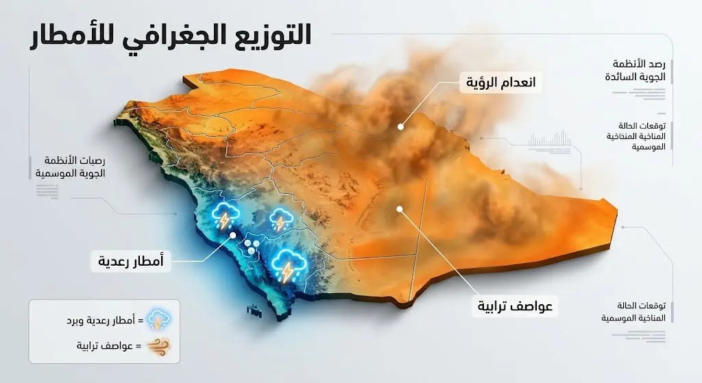 خريطة إنفوجرافيك ثلاثية الأبعاد توضح التوزيع الجغرافي للأمطار الرعدية على المرتفعات الجنوبية الغربية والرياح النشطة المثيرة للغبار في عدة مناطق بالسعودية.