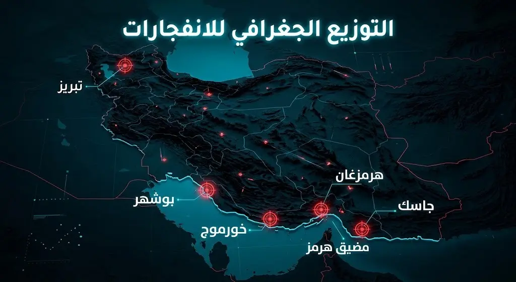 خريطة إنفوجرافيك ثلاثية الأبعاد توضح التوزيع الجغرافي للمدن الإيرانية المستهدفة، من تبريز شمالاً إلى جاسك وهرمزغان جنوباً.