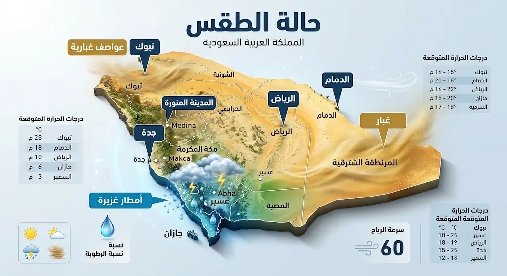 خريطة إنفوجرافيك ثلاثية الأبعاد للمملكة العربية السعودية توضح مناطق تركز الأمطار في الجنوب والغرب ومناطق الغبار في الشرقية وتبوك بأسلوب احترافي.