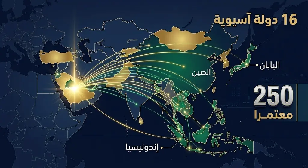 إنفوجرافيك احترافي يوضح التوزيع الجغرافي لـ 16 دولة آسيوية قدم منها 250 معتمراً ضمن الدفعة الأولى.
