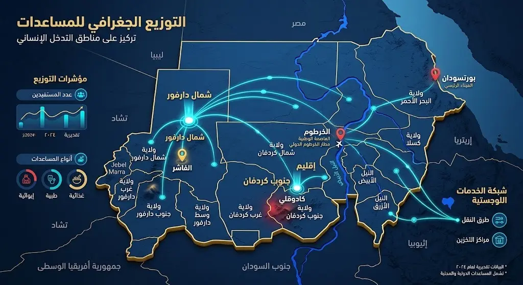 خريطة معلوماتية ثلاثية الأبعاد توضح التوزيع الجغرافي للمساعدات الإنسانية في ولايتي شمال دارفور وجنوب كردفان والمناطق التابعة لهما.