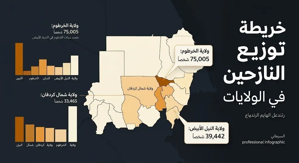 إنفوجرافيك بياني احترافي يوضح التوزيع الجغرافي لأعداد النازحين من كردفان في الولايات السودانية المستضيفة، مبيناً تصدر ولاية الخرطوم تليها النيل الأبيض وشمال كردفان بأرقام وإحصائيات دقيقة.