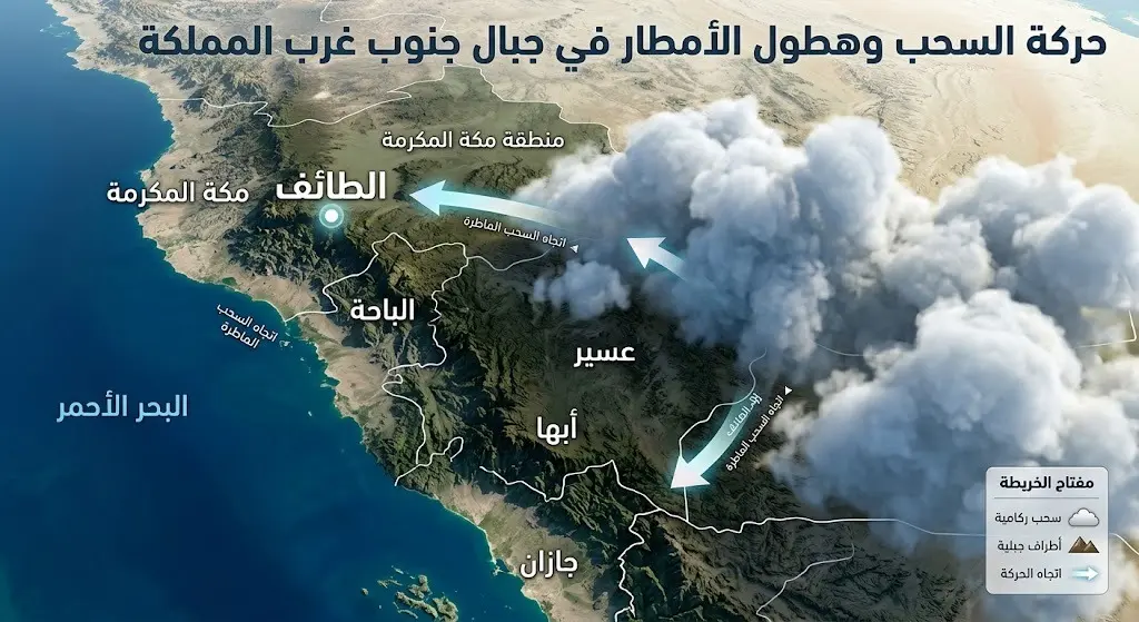 خريطة طقس ثلاثية الأبعاد توضح التوزيع الجغرافي وحركة السحب الممطرة فوق مرتفعات عسير وأبها وجنوب مكة باتجاه الطائف.
