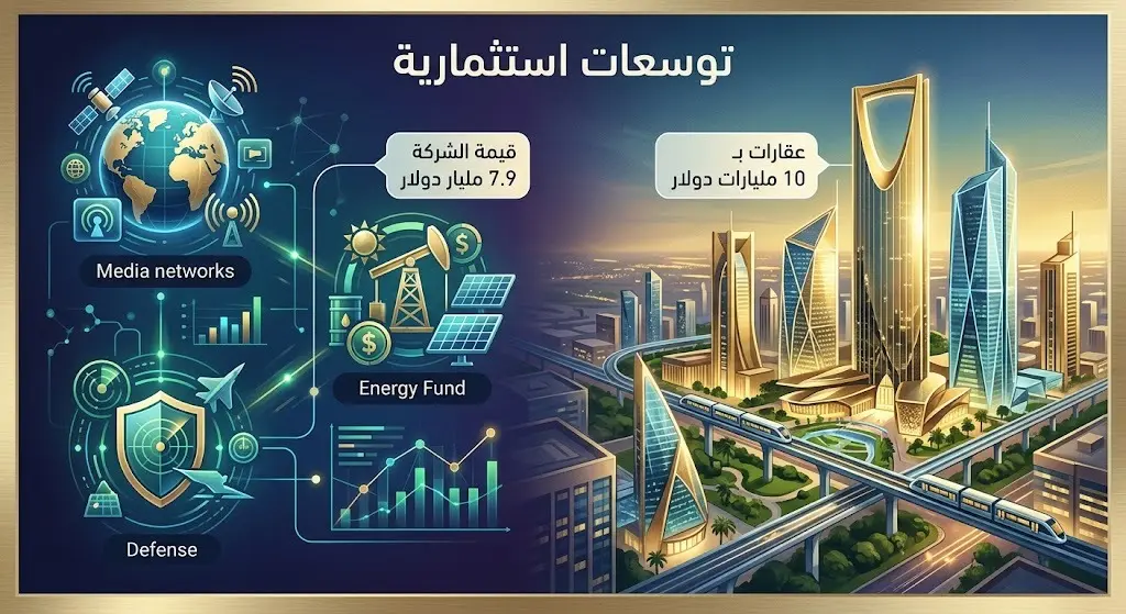 تصميم مرئي يستعرض التوسعات الاستثمارية للشركة وتنوعها بين قطاعات الإعلام والطاقة والمشاريع العقارية الفاخرة