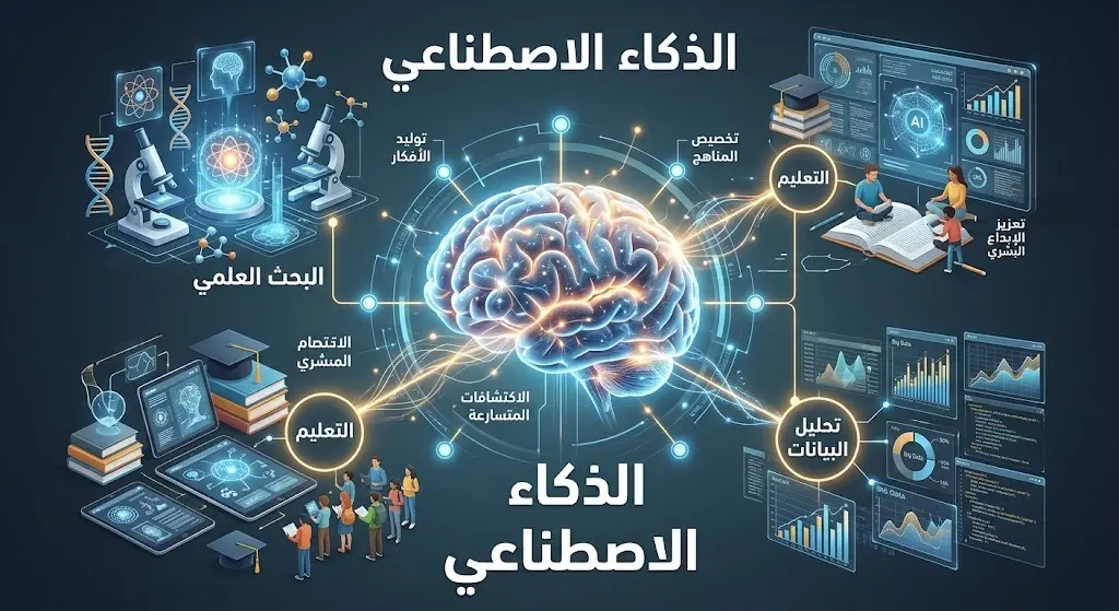 إنفوجرافيك عصري وتصميم إبداعي يوضح تكامل الذكاء الاصطناعي كأداة مساعدة للعقل البشري في مجالات البحث العلمي، تحليل البيانات، والتعليم.