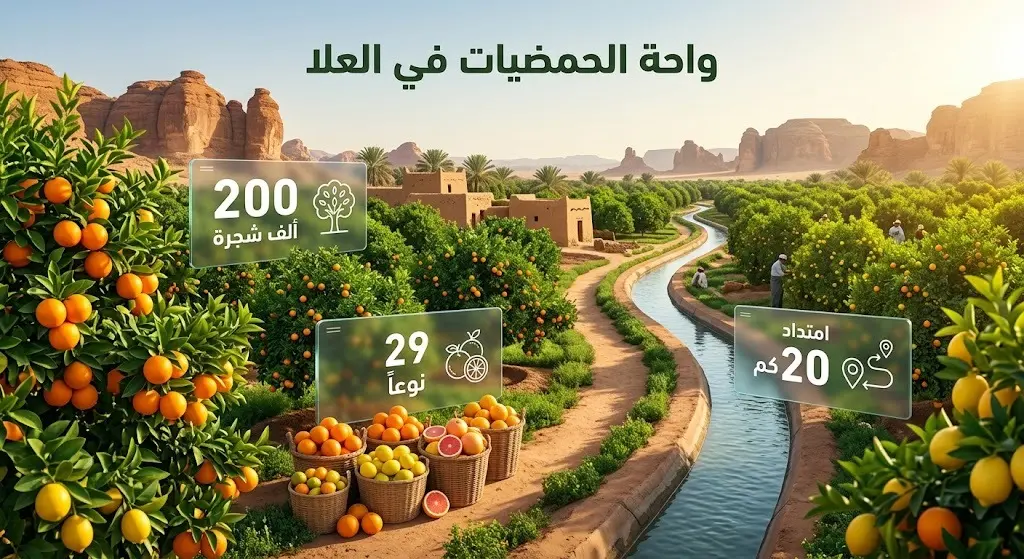 تصميم بصري يبرز الثروة الزراعية في واحة العلا، مستعرضاً أرقاماً عن أعداد أشجار الحمضيات وتنوعها ومساحة الواحة الخضراء.