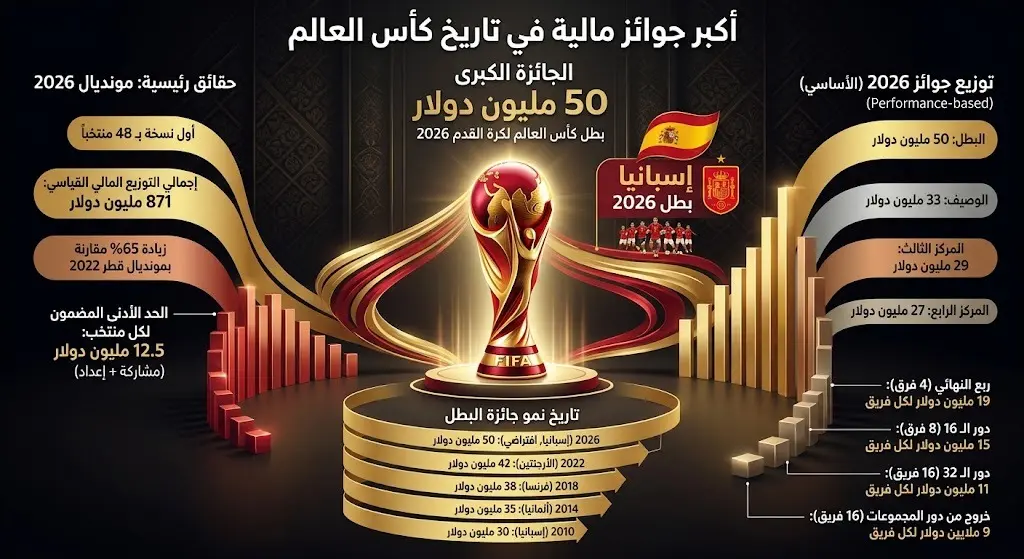 إنفوجرافيك يبرز الجائزة المالية الأضخم في تاريخ كأس العالم لعام 2026 والبالغة 50 مليون دولار لمنتخب إسبانيا.