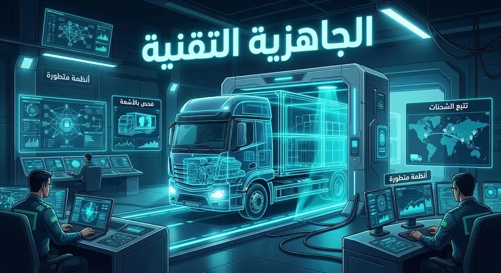 مشهد تعبيري متطور يبرز استخدام التقنيات الحديثة وأجهزة الفحص بالأشعة في المنافذ الجمركية لكشف محاولات التهريب.