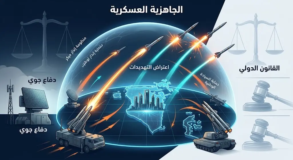 تصميم إنفوجرافيك يدمج بين منظومات الدفاع الجوي البحرينية ورموز القانون الدولي، مع نصوص عربية توضح الجاهزية العسكرية والتصدي للتهديدات.