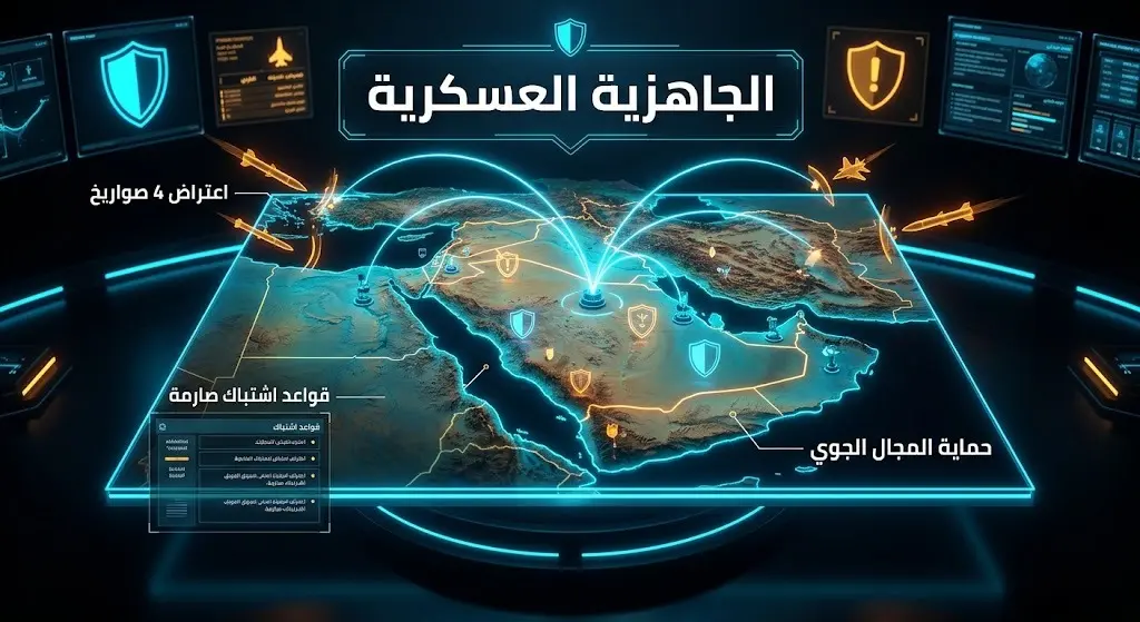 إنفوجرافيك ثلاثي الأبعاد يعرض منظومة الدفاع الجوي الأردنية أثناء اعتراض الصواريخ لحماية المجال الجوي مع نصوص توضيحية.