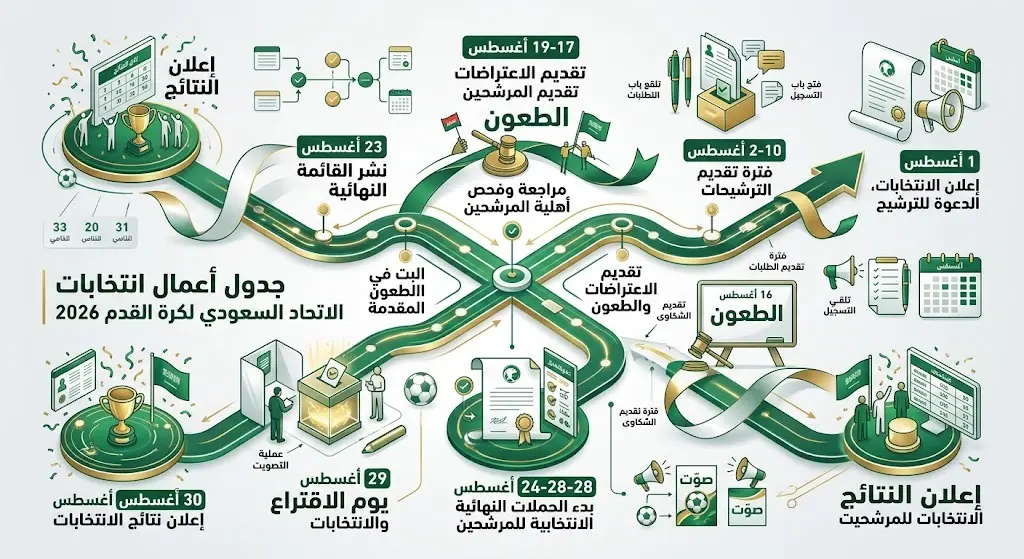 إنفوجرافيك يوضح بالتفصيل الجدول الزمني ومراحل انتخابات الاتحاد السعودي لكرة القدم خلال شهر أغسطس 2026