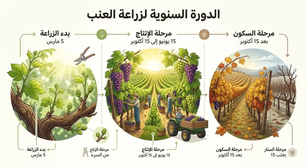 إنفوجرافيك زمني يوضح مراحل زراعة وإنتاج العنب السنوية، بدءاً من الزراعة في شهر مارس، وصولاً لمرحلة السكون في أكتوبر.