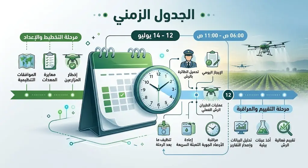 إنفوجرافيك يوضح الجدول الزمني لحملة الرش الجوي في جازان، مبرزاً الأيام من 12 إلى 14 يوليو وفترة العمل الصباحية.